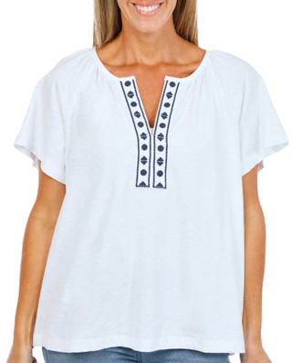 Thumbnail 1: Lands' End Women's Slub Split Neck Embroidered Top 