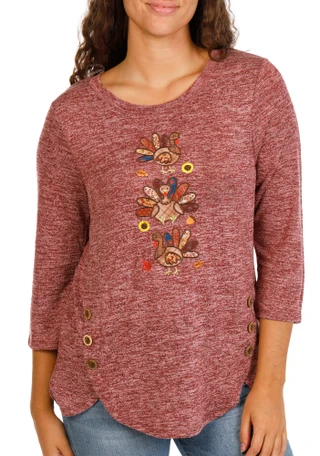 Thumbnail 1: Tru Self Women's Harvest Turkey Applique Side Button Top  