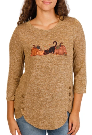 Thumbnail 1: Tru Self Women's Halloween Black Cat & Pumpkins Side Button Top 