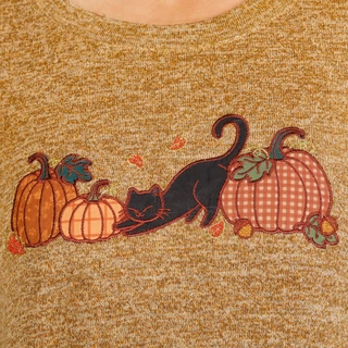 Thumbnail 3: Tru Self Women's Halloween Black Cat & Pumpkins Side Button Top 