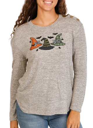 Thumbnail 1: Tru Self Women's Halloween Witch's Hats Applique Side Button Top 