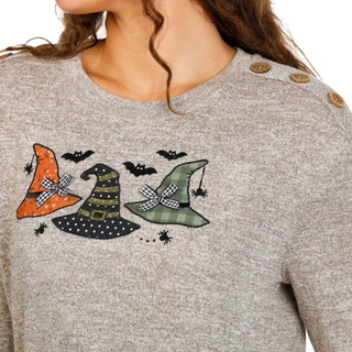 Thumbnail 3: Tru Self Women's Halloween Witch's Hats Applique Side Button Top 