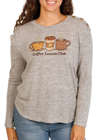 Thumbnail 1: Tru Self Women's Fall Coffee Lovers Club Applique Side Button Top 