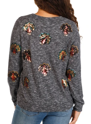 Thumbnail 2: Tru Self Women's Harvest Sequined Turkeys Top 