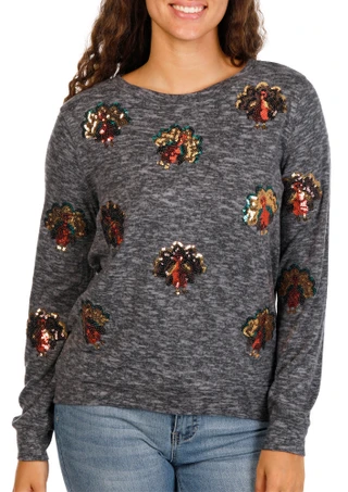 Thumbnail 1: Tru Self Women's Harvest Sequined Turkeys Top 
