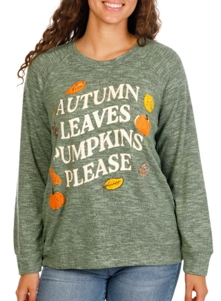 Thumbnail 1: Sable Sky Women's Plus Harvest Autumn Leaves & Pumpkins Top 