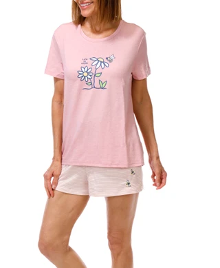 Thumbnail 1: Life is Good Women's 2 Pc Short Sleeve Daisy Stripe Pajama Shorts Set 