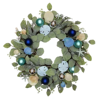 Thumbnail 1: Magical Season 24" Coastal Seashell, Starfish & Sand Dollar Spiral Wreath 
