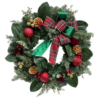 Thumbnail 2: Magical Season 24" LED Red Ornament Wreath with Plaid Ribbon 