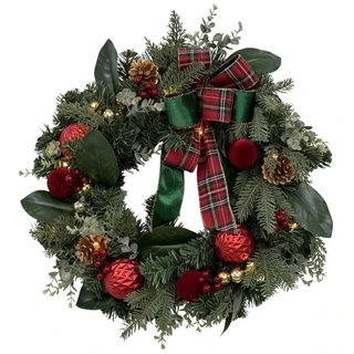 Thumbnail 1: Magical Season 24" LED Red Ornament Wreath with Plaid Ribbon 