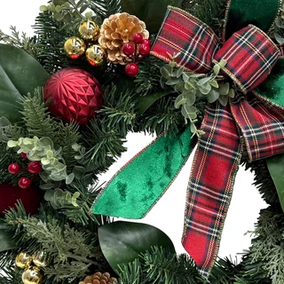 Thumbnail 3: Magical Season 24" LED Red Ornament Wreath with Plaid Ribbon 
