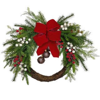 Thumbnail 1: Magical Season 24" Mixed Berry & Pine Half Wreath with Bell and Ribbon Bow 