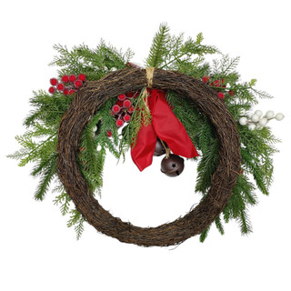 Thumbnail 2: Magical Season 24" Mixed Berry & Pine Half Wreath with Bell and Ribbon Bow 