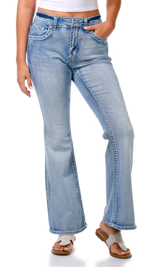 Thumbnail 2: Evolve Denim Juniors Light Wash Bullrose Bling Back Boot Cut Jeans 