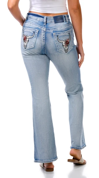 Thumbnail 1: Evolve Denim Juniors Light Wash Bullrose Bling Back Boot Cut Jeans 