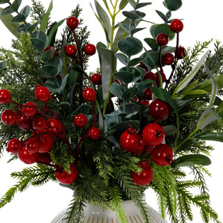 Thumbnail 2: FLORA BUNDA 17.5" Evergreen Arrangement with Red Berries & Olive Leaves 