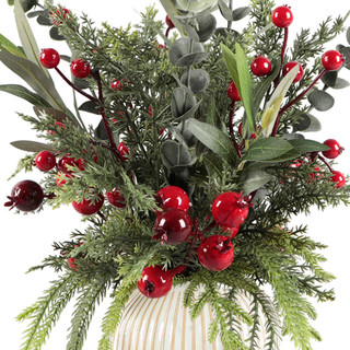 Thumbnail 3: FLORA BUNDA 17.5" Evergreen Arrangement with Red Berries & Olive Leaves 