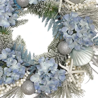 Thumbnail 2: Magical Season 24" Luxe Flocked Hydrangea & Starfish Wreath 
