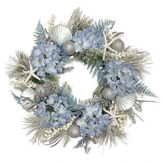 Thumbnail 1: Magical Season 24" Luxe Flocked Hydrangea & Starfish Wreath 