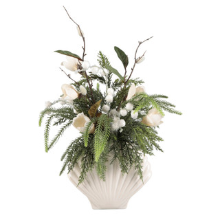 Thumbnail 1: FLORA BUNDA 18" Real Touch White Magnolia & Berry Evergreen Arrangement 