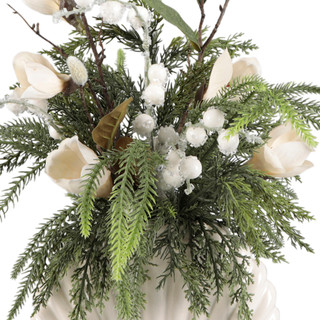 Thumbnail 2: FLORA BUNDA 18" Real Touch White Magnolia & Berry Evergreen Arrangement 