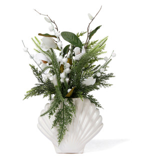 Thumbnail 1: FLORA BUNDA 18" Real Touch White Magnolia & Berry Evergreen Arrangement 