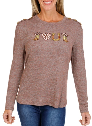 Thumbnail 1: Tru Self Women's Western Beaded Applique Button Shoulder Top 