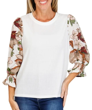 Thumbnail 1: Zac & Rachel Women's Ribbed Floral Sleeve Scoop Neck Top 