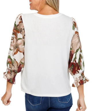 Thumbnail 2: Zac & Rachel Women's Ribbed Floral Sleeve Scoop Neck Top 