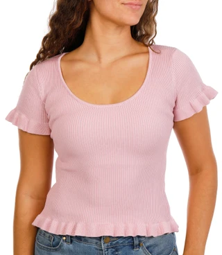 Thumbnail 1: The Workshop Juniors Ribbed Scoop Neck Ruffle Hem & Sleeves Stretch Top 