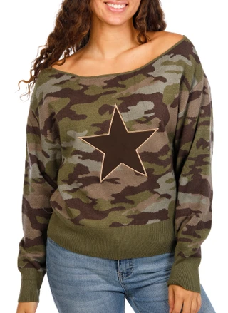 Thumbnail 1: Forever 21 Juniors Camo Star Off Shoulder Long Sleeve Pullover 