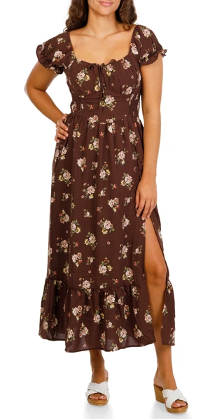 Thumbnail 2: INSPIRED HEARTS Juniors Smock Waist Puffy Sleeve Tiered Hem Maxi Dress 