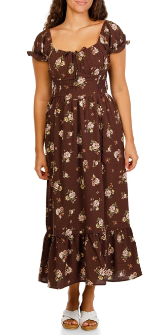 Thumbnail 1: INSPIRED HEARTS Juniors Smock Waist Puffy Sleeve Tiered Hem Maxi Dress 