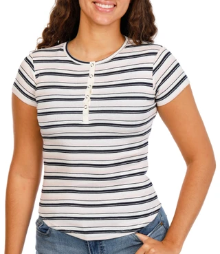 Thumbnail 1: Vintage threadz Juniors Stretch Snap Down Striped Henley Tee 