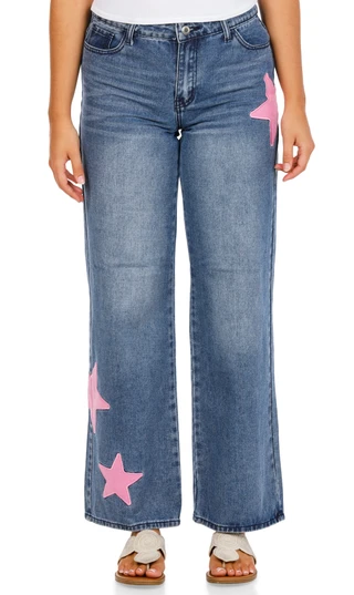 Thumbnail 1: Heart & Lovely Juniors 5 Pocket Star Patch Wide Leg Jeans 