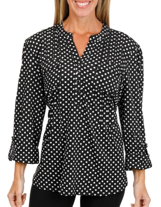 Thumbnail 1: Ava & Grace Women's Roll Tab Sleeve 4 Button Polka Dot Top 