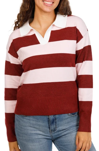 Thumbnail 1: Derek Heart Juniors Stripe Knit Polo Top  