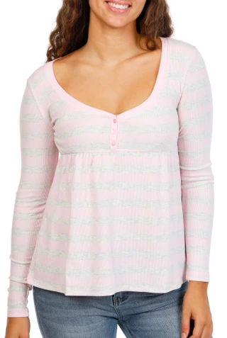 Thumbnail 1: Madden Girl Juniors Long Sleeve Striped Henley Baby Doll Top 