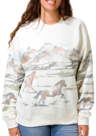 Thumbnail 1: Goodie Two Sleeves  Juniors Mountains & Horses All Over Print Sweatshirt 