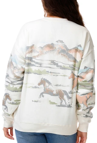 Thumbnail 3: Goodie Two Sleeves  Juniors Mountains & Horses All Over Print Sweatshirt 