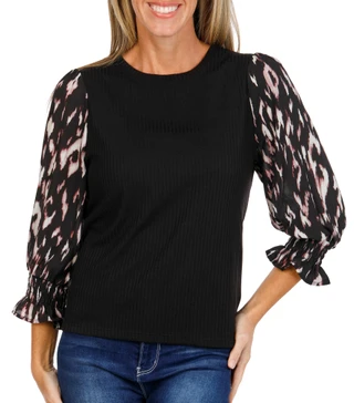 Thumbnail 1: Zac & Rachel Women's Ribbed Scoop Neck Puffy Sleeve Top 