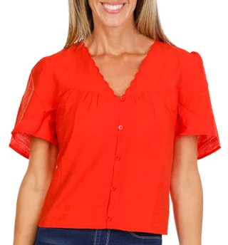 Thumbnail 1: NINE WEST Women's Scallop V-Neck Button Down Top 