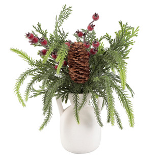 Thumbnail 1: FLORA BUNDA 14.5" Christmas Mixed Arrangement with Pinecones in White Vase 