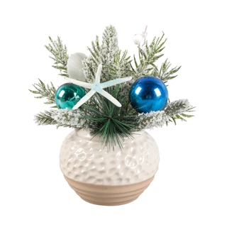 Thumbnail 1: FLORA BUNDA 9.5" Frosted Pine with Teal Ornaments & Aqua Starfish 