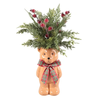Thumbnail 1: FLORA BUNDA 14.5" Real Pine Arrangement with Cherries in Ceramic Vase 