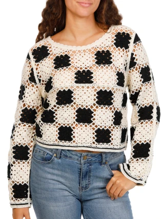 Thumbnail 1: REBELLION Juniors Long Sleeve Crochet Top 
