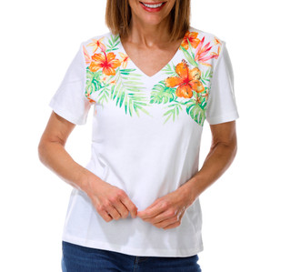 Thumbnail 1: Coral Bay Petite V-Neck Tropical Bling Tee 