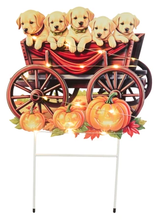 Thumbnail 1: Magical Season 24 in Harvest 5 Pups in a Wagon Metal LED Yard Sign 