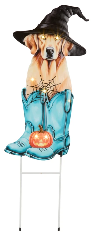 Thumbnail 1: Magical Season 31 in Halloween Dog Witch in Boots Metal LED Yard Stake 