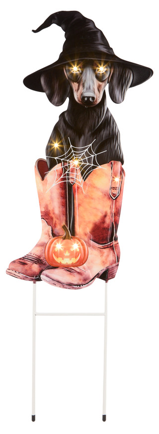Thumbnail 1: Magical Season 31 in Halloween Dog Witch in Boots Metal LED Yard Stake 
